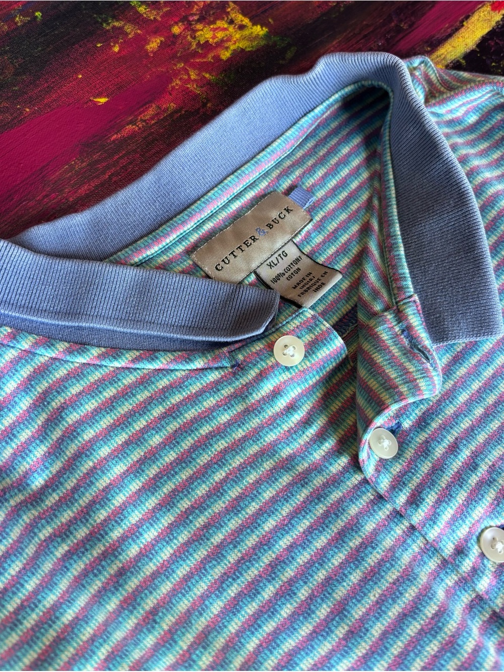 Cutter & Buck Teal and Lavender Striped Polo Henley